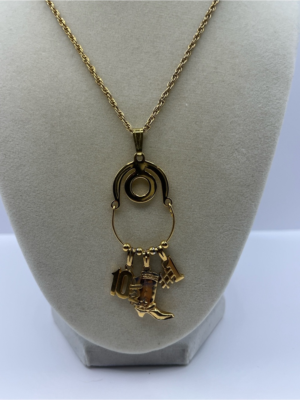 Monet Gold-Tone Charm Holder Drop Necklace Charms Boot #1 and 10 1/2
